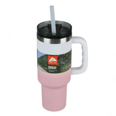 Ozark Trail 40 oz Vacuum-Insulated Stainless-Steel Tumbler with Handle, Pink/White