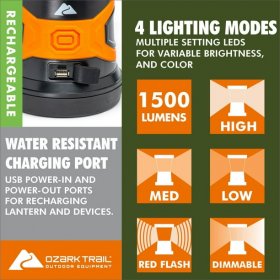 Ozark Trail 1500 Lumens LED Hybrid Power Lantern with Rechargeable Battery and Power Cord, Black