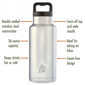 Ozark Trail 36 oz Double-Wall Vacuum-Sealed Stainless-Steel Insulated Water Bottle with Wide Mouth Lid, Silver & Black